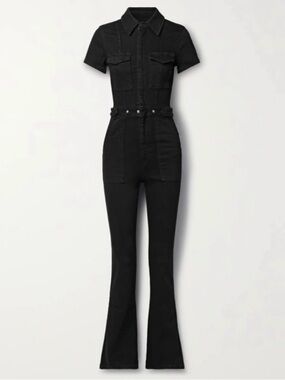 Good American Black Short‑Sleeve High‑Waist Flare Jeans Jumpsuit